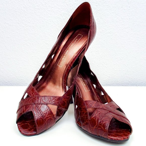 Antonio Melani Brown Leather Animal Print Peep Toe - Picture 1 of 11